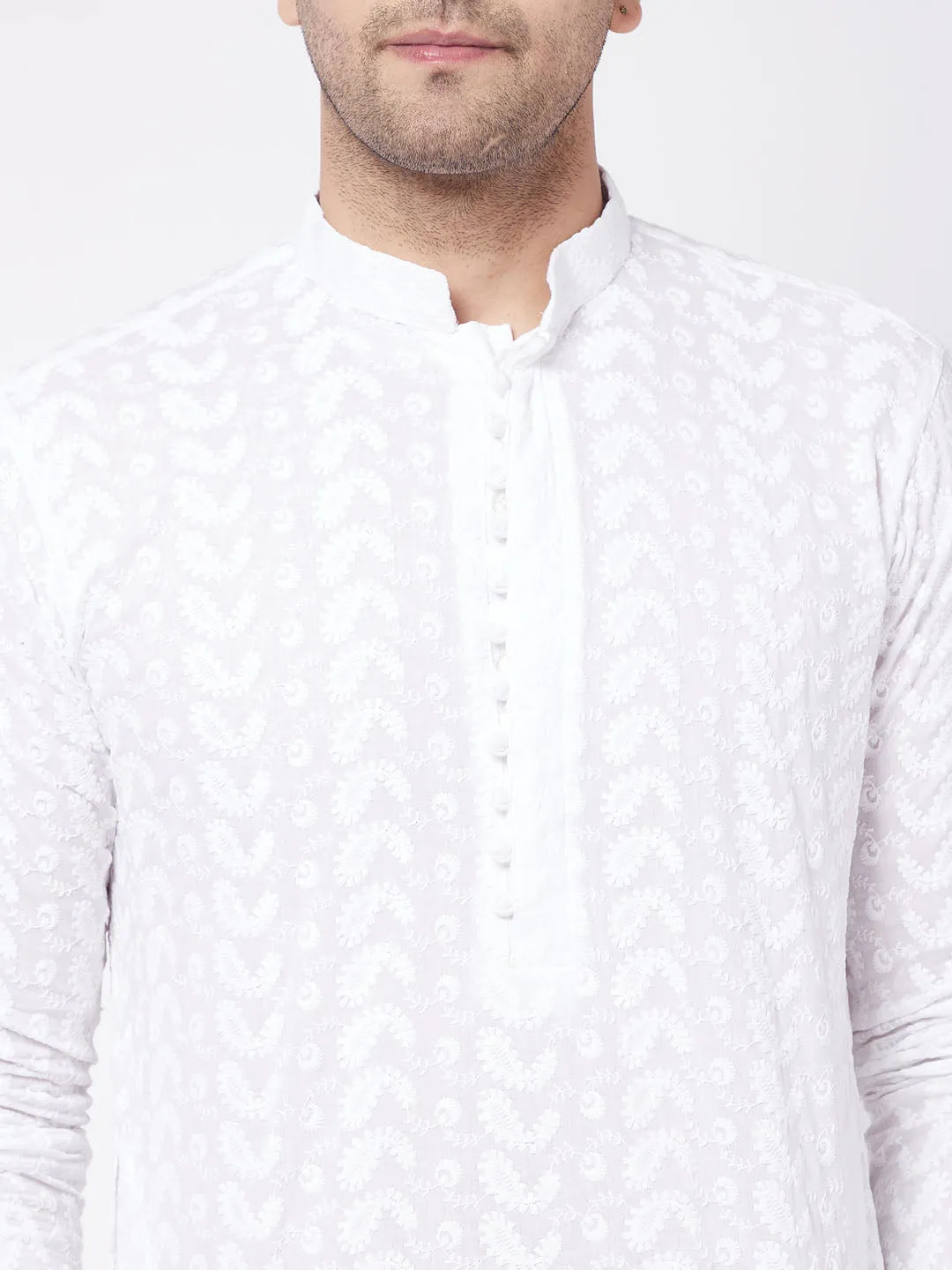 VASTRAMAY White Cotton Chikankari Kurta Set