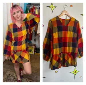 Vintage 60s | Groovy GoGo Mod Rainbow Patchwork Poet Sleeve Mini Dress | Size ML