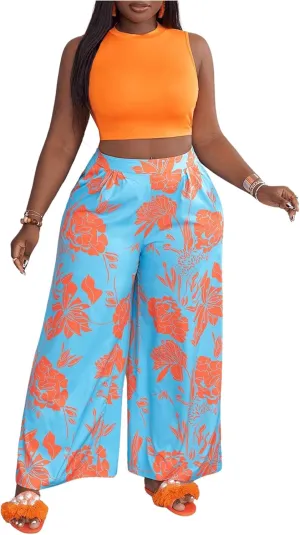 WDIRARA Women's 2 Piece Plus Size Floral Print Outfits Round Neck Sleeveless Tank Top and Wide Leg Pants Set