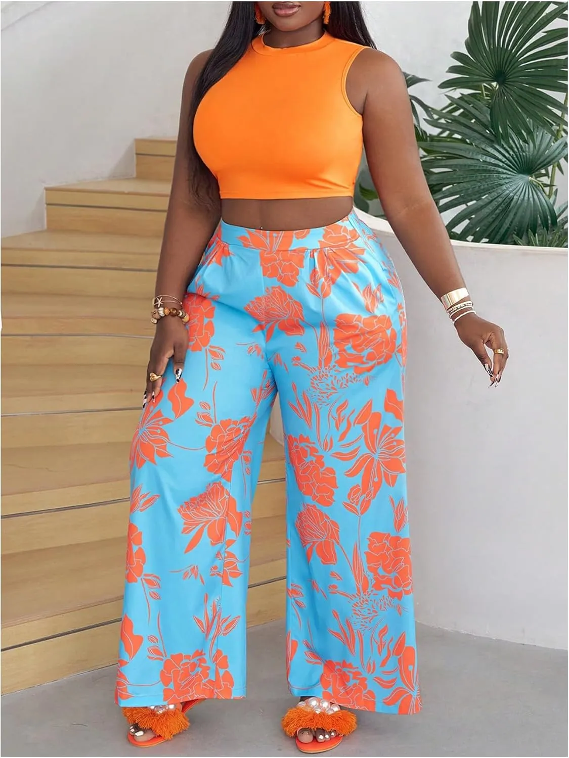WDIRARA Women's 2 Piece Plus Size Floral Print Outfits Round Neck Sleeveless Tank Top and Wide Leg Pants Set