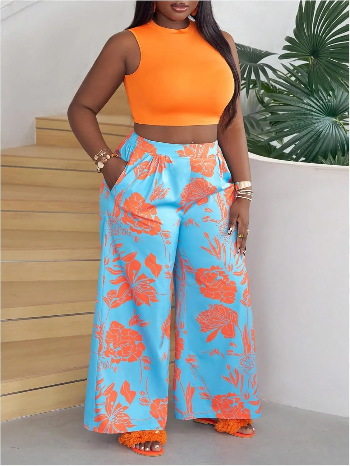 WDIRARA Women's 2 Piece Plus Size Floral Print Outfits Round Neck Sleeveless Tank Top and Wide Leg Pants Set