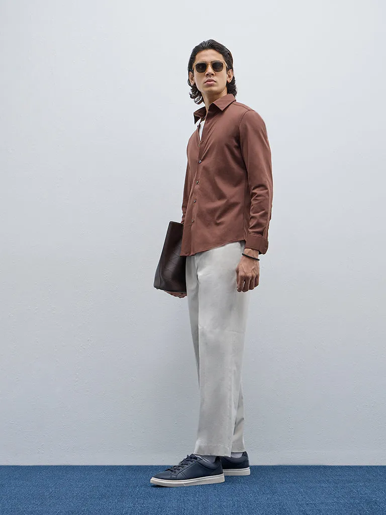 WES Formals Brown Slim-Fit Cotton-Blend Shirt
