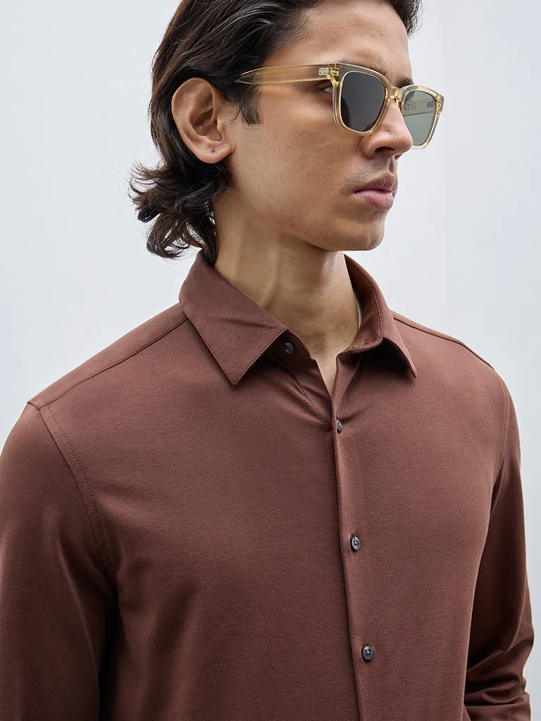 WES Formals Brown Slim-Fit Cotton-Blend Shirt