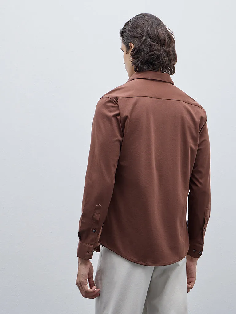 WES Formals Brown Slim-Fit Cotton-Blend Shirt