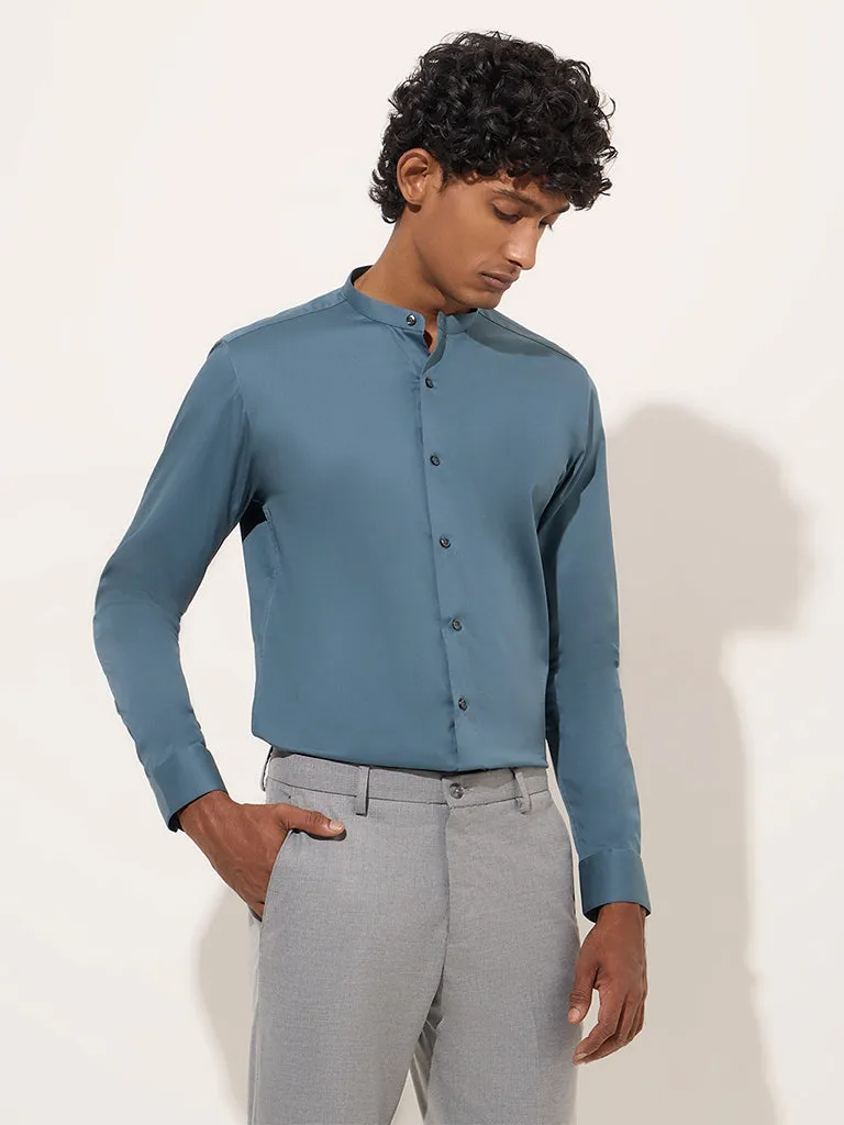 WES Formals Teal Solid Ultra-Slim Fit Cotton-Blend Shirt