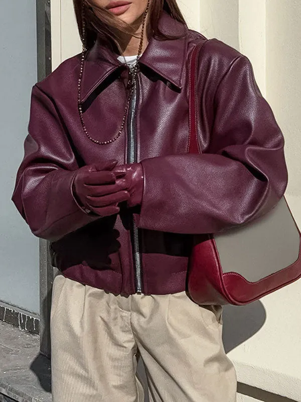 Wine Red Zipper Faux Leather Jacket