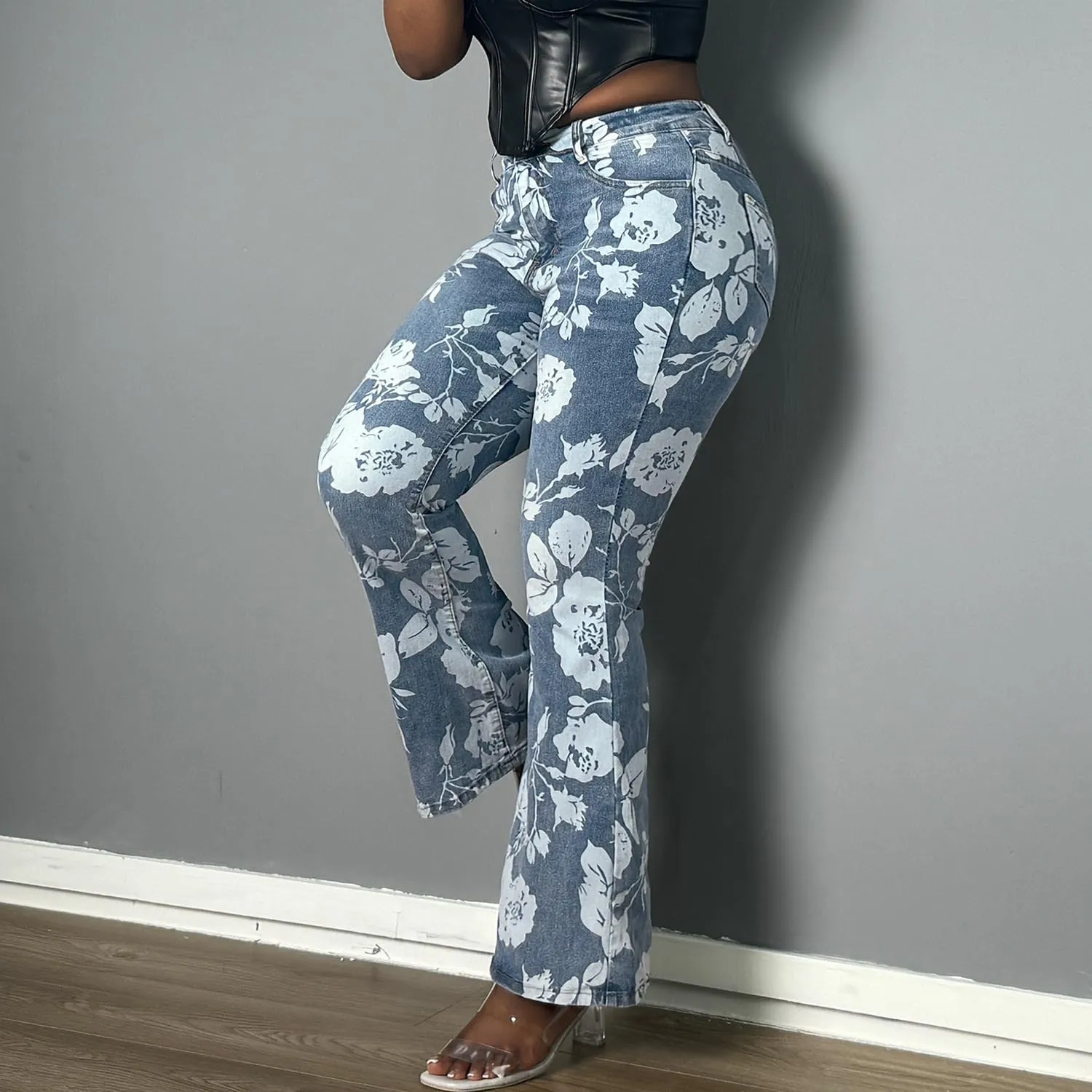 Women Floral Printed Bootcut Jeans High Waisted Stretch Baggy Retro Flare Bell Bottom Denim Pants