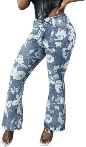 Women Floral Printed Bootcut Jeans High Waisted Stretch Baggy Retro Flare Bell Bottom Denim Pants