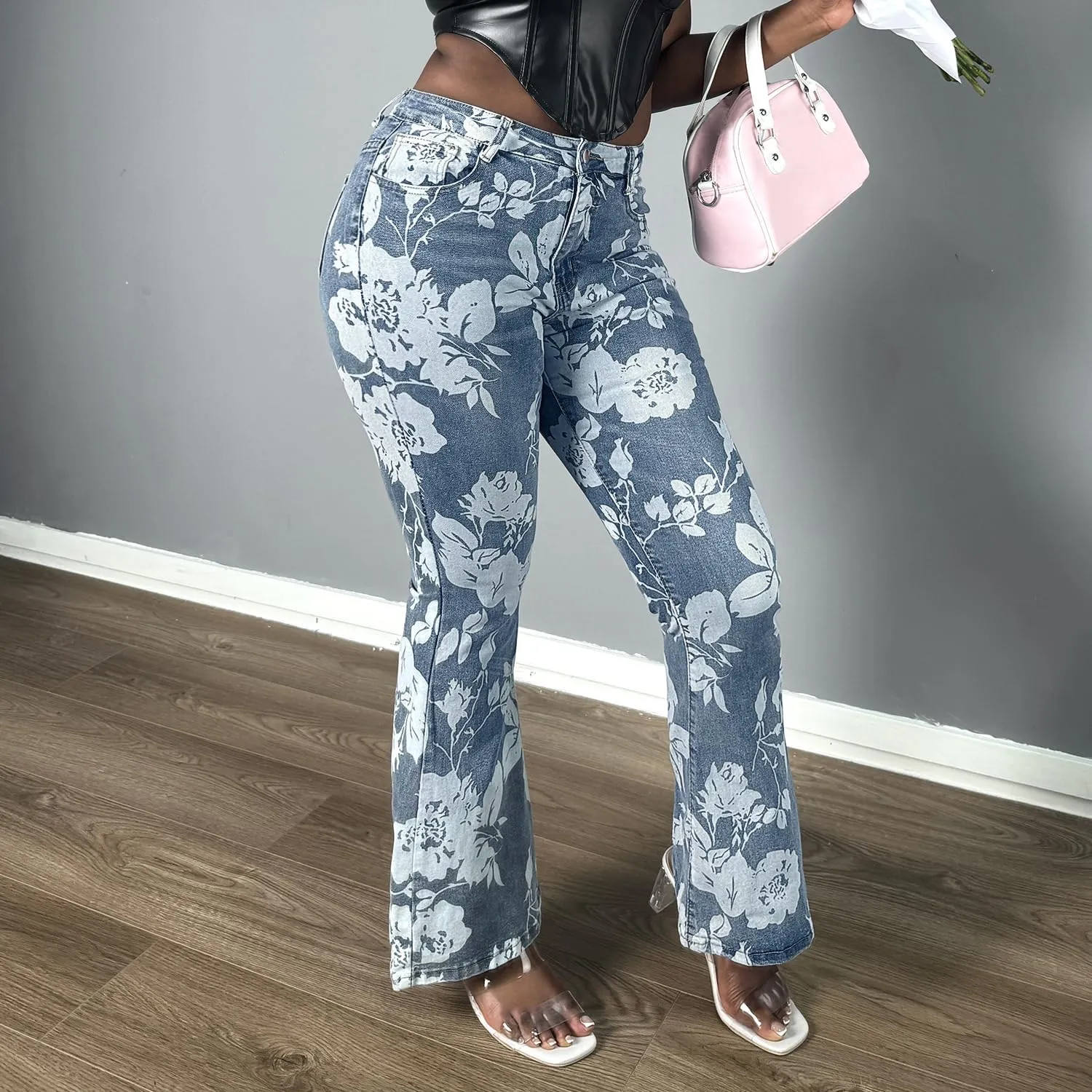 Women Floral Printed Bootcut Jeans High Waisted Stretch Baggy Retro Flare Bell Bottom Denim Pants
