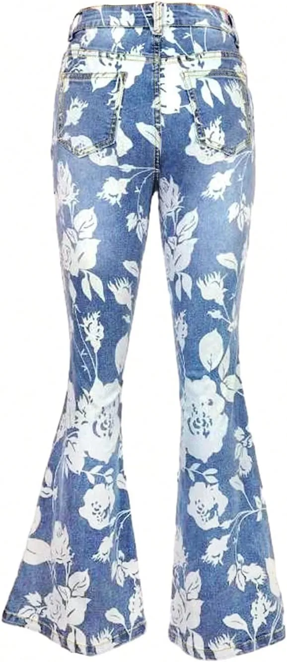 Women Floral Printed Bootcut Jeans High Waisted Stretch Baggy Retro Flare Bell Bottom Denim Pants
