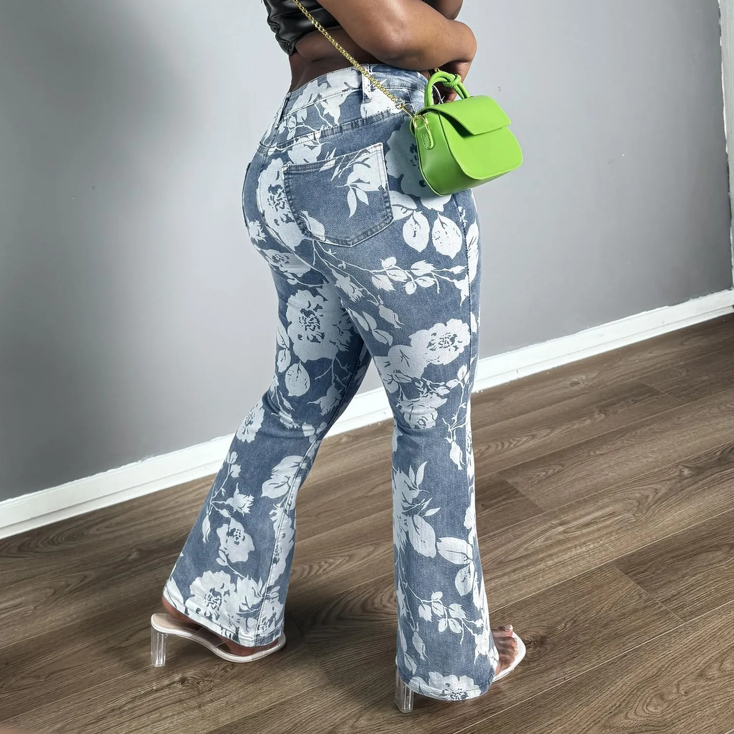 Women Floral Printed Bootcut Jeans High Waisted Stretch Baggy Retro Flare Bell Bottom Denim Pants