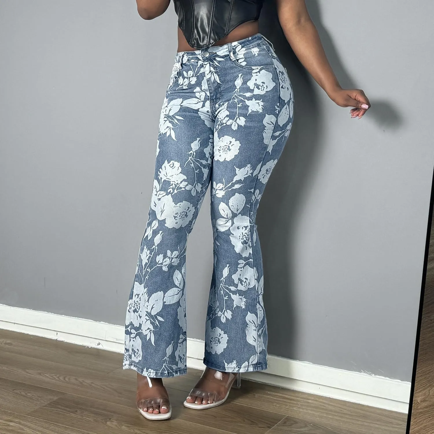Women Floral Printed Bootcut Jeans High Waisted Stretch Baggy Retro Flare Bell Bottom Denim Pants