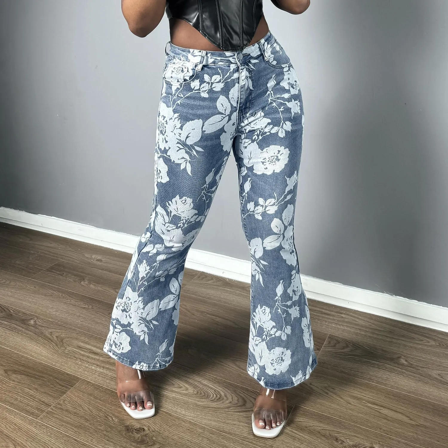 Women Floral Printed Bootcut Jeans High Waisted Stretch Baggy Retro Flare Bell Bottom Denim Pants