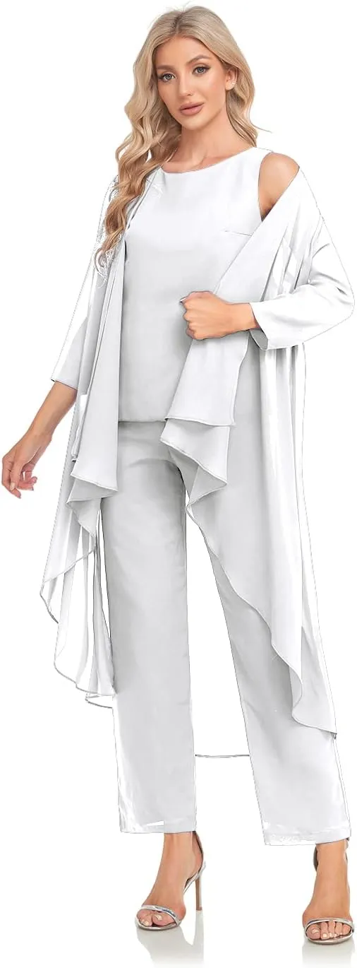 Women's 3 Pieces Chiffon Mother of The Bride Dress with Jacket Chiffon Formal Evening Dresses