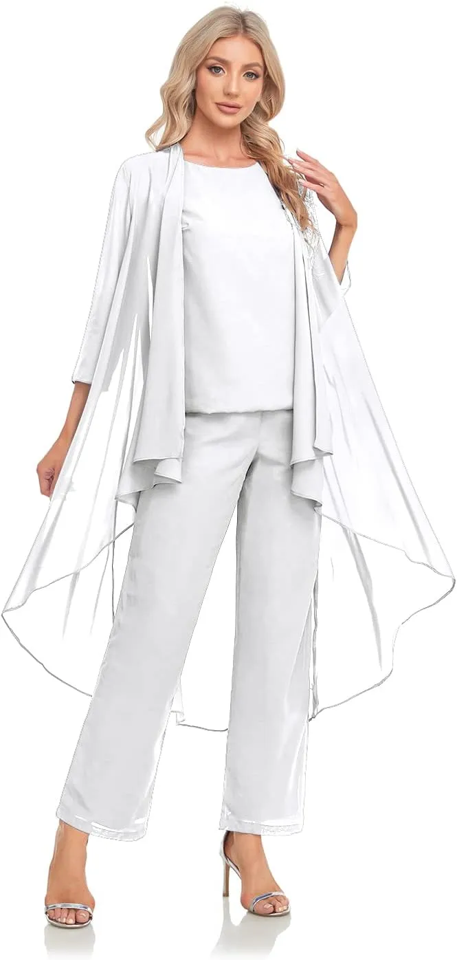 Women's 3 Pieces Chiffon Mother of The Bride Dress with Jacket Chiffon Formal Evening Dresses