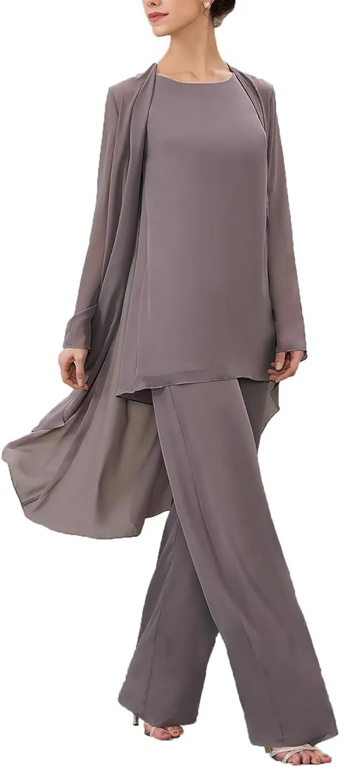 Women's 3PC Chiffon Pants Suits Mother of Bride Dressy Elegant Sets Wedding Formal Outfit with Jacket