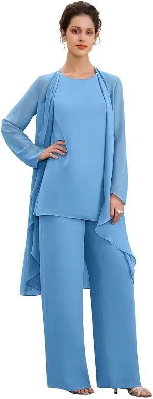 Women's 3PC Chiffon Pants Suits Mother of Bride Dressy Elegant Sets Wedding Formal Outfit with Jacket