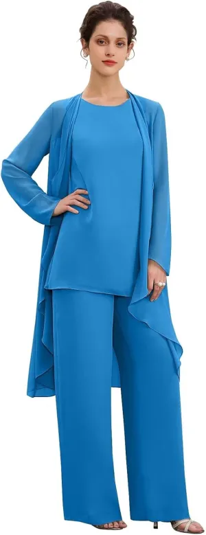 Women's 3PC Chiffon Pants Suits Mother of Bride Dressy Elegant Sets Wedding Formal Outfit with Jacket