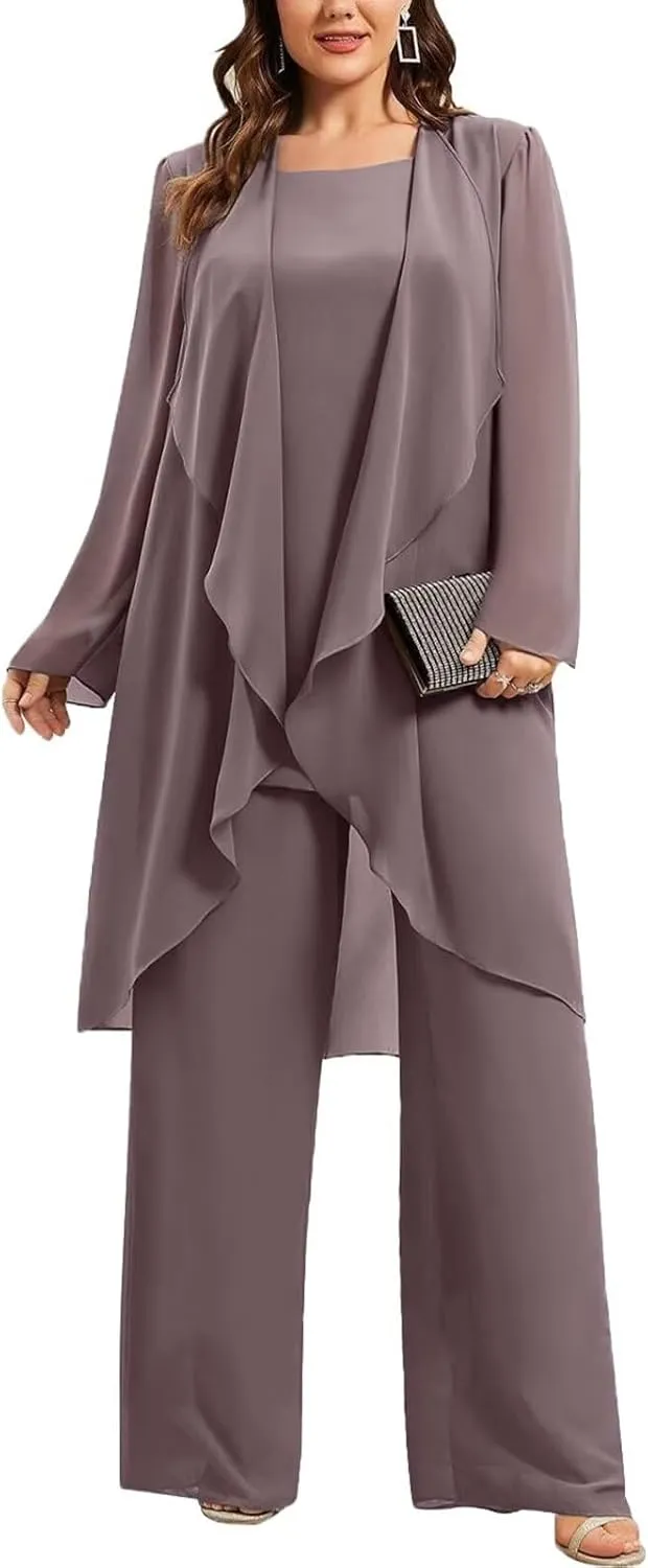 Women's 3PC Chiffon Pants Suits Mother of Bride Dressy Elegant Sets Wedding Formal Outfit with Jacket