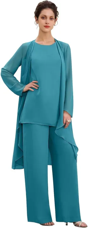 Women's 3PC Chiffon Pants Suits Mother of Bride Dressy Elegant Sets Wedding Formal Outfit with Jacket