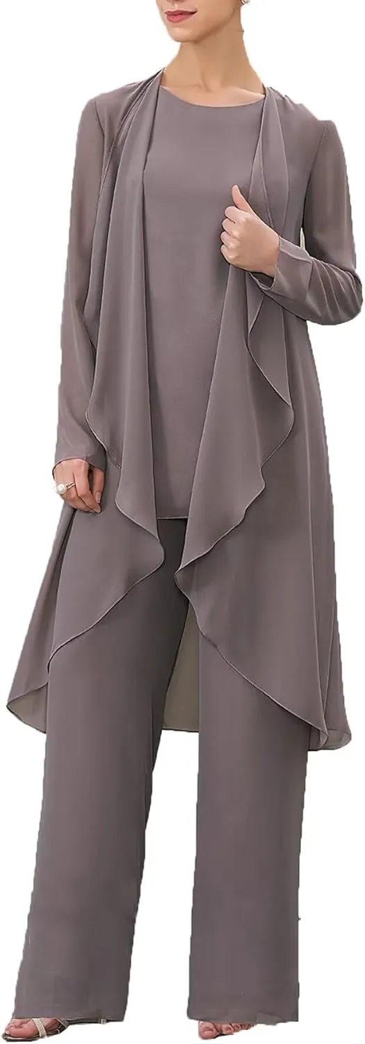 Women's 3PC Chiffon Pants Suits Mother of Bride Dressy Elegant Sets Wedding Formal Outfit with Jacket