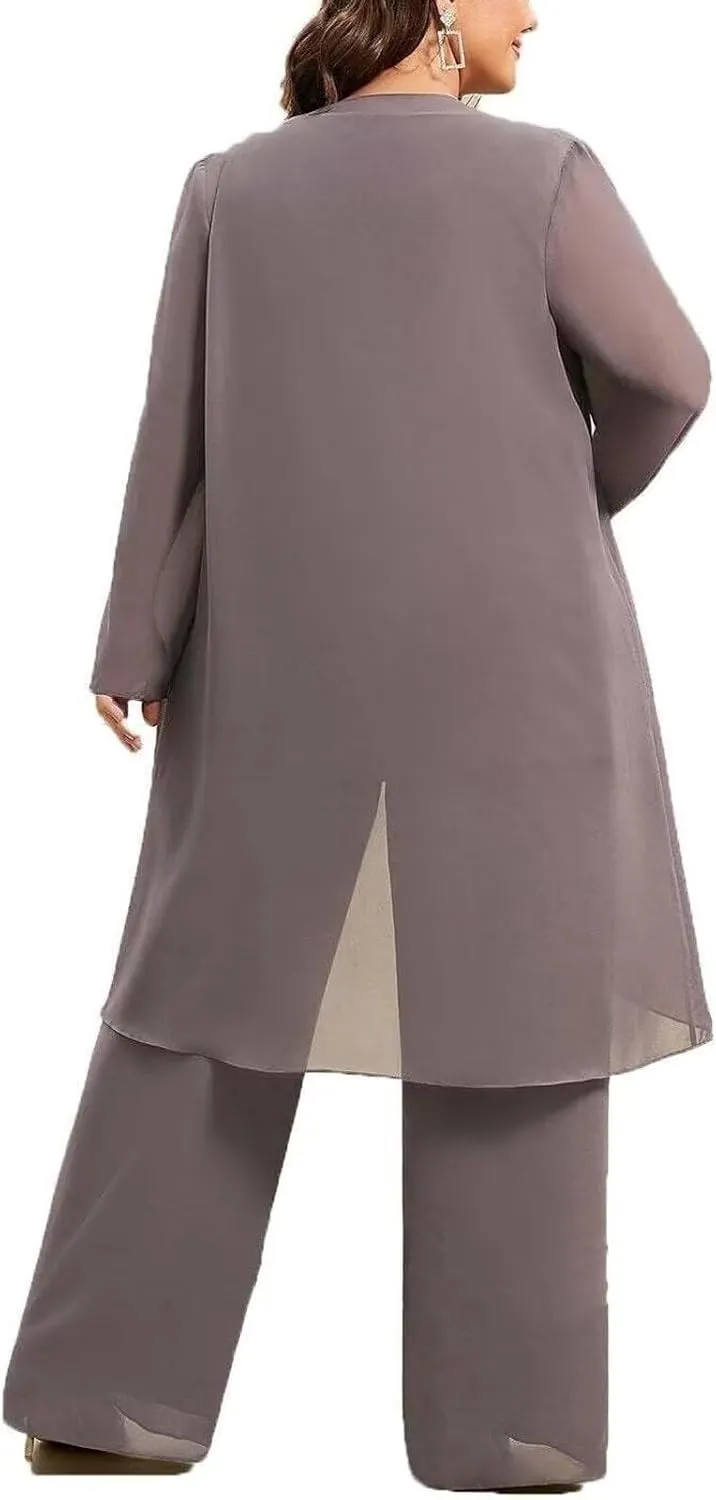 Women's 3PC Chiffon Pants Suits Mother of Bride Dressy Elegant Sets Wedding Formal Outfit with Jacket