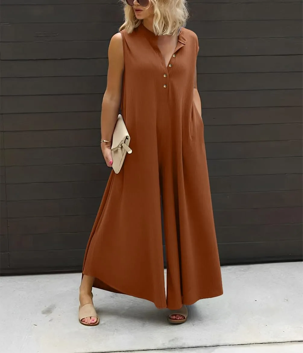 Womens Casual Jumpsuits Dressy V-Neck Sleeveless Button Down Wide Leg Romper with Pocket