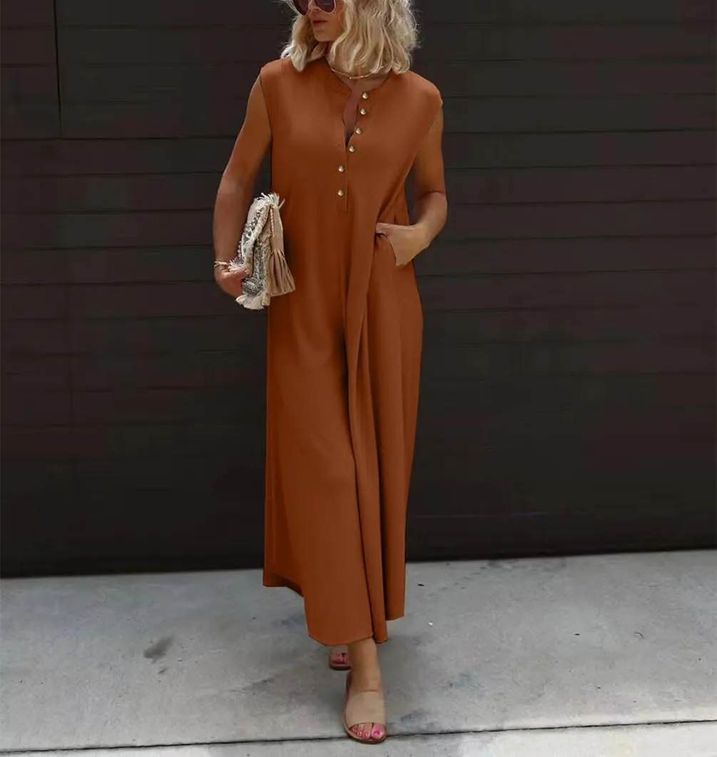 Womens Casual Jumpsuits Dressy V-Neck Sleeveless Button Down Wide Leg Romper with Pocket