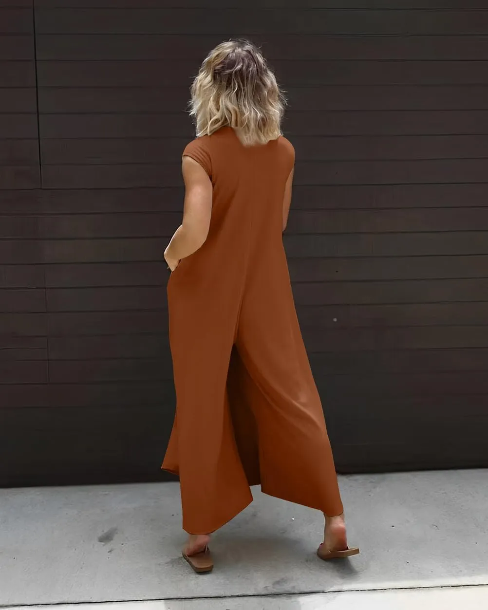 Womens Casual Jumpsuits Dressy V-Neck Sleeveless Button Down Wide Leg Romper with Pocket