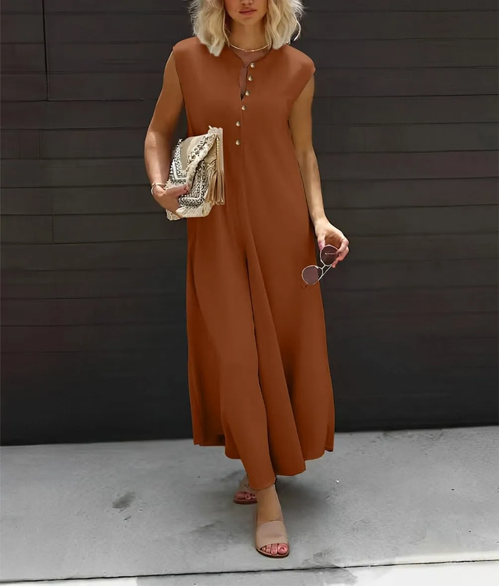 Womens Casual Jumpsuits Dressy V-Neck Sleeveless Button Down Wide Leg Romper with Pocket
