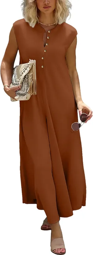 Womens Casual Jumpsuits Dressy V-Neck Sleeveless Button Down Wide Leg Romper with Pocket