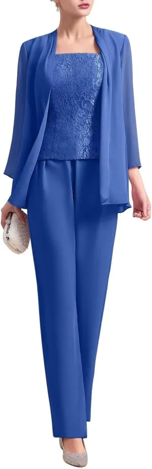 Womens Chiffon Pant Suits 3 Piece Mother of The Bride Dress Wedding Guest Dressy Outfit Evening Gowns
