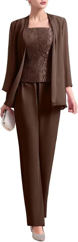 Womens Chiffon Pant Suits 3 Piece Mother of The Bride Dress Wedding Guest Dressy Outfit Evening Gowns