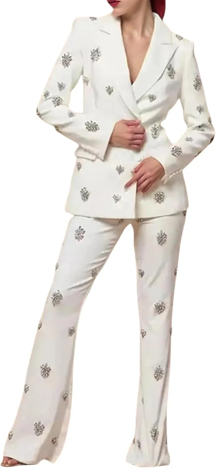 Women's Crystal Diamonds 2 Pieces Suits Double Button Elegant Peaked Lapel Party Jacket Flare Pants Birthday Sets