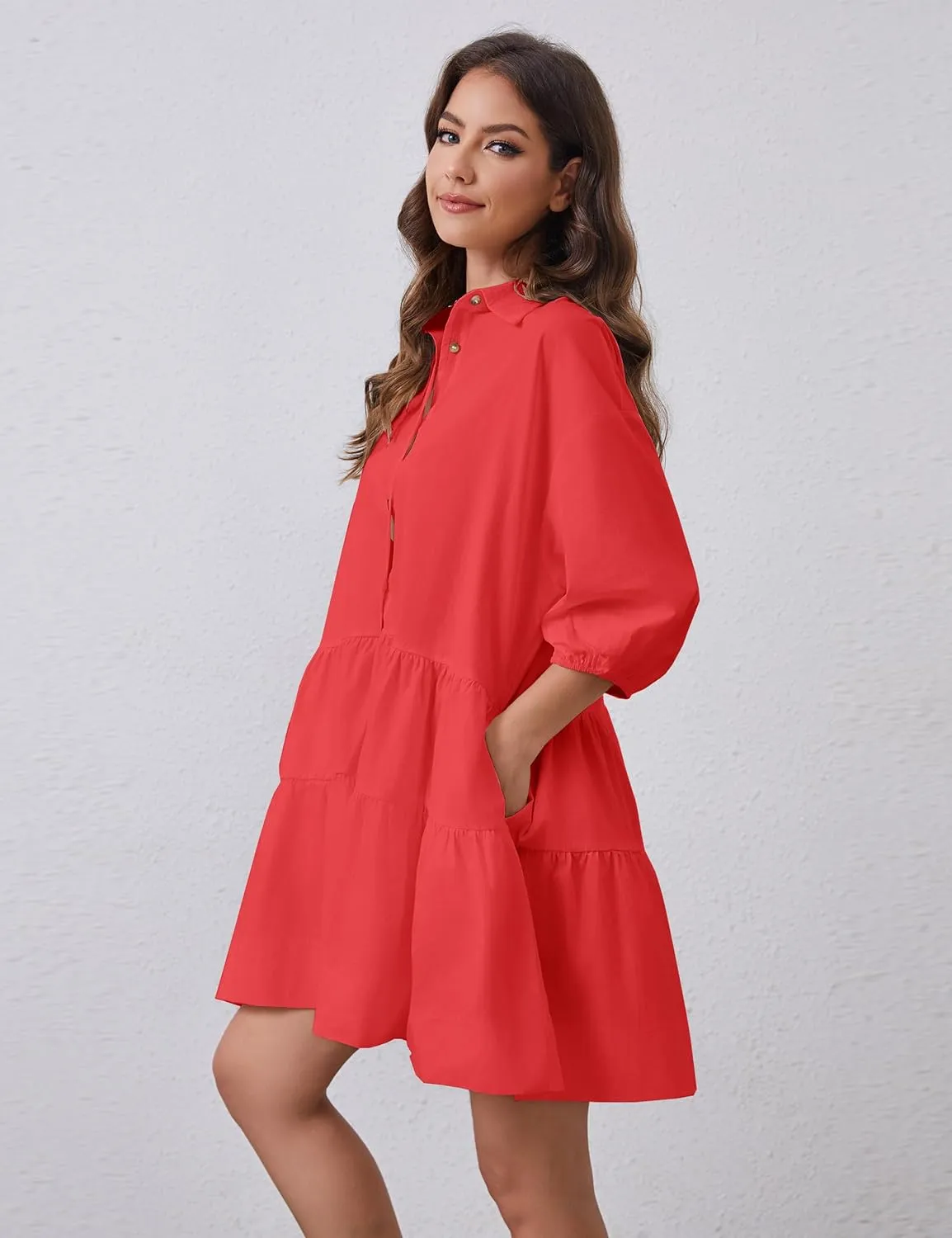 Women's Cute Summer Babydoll Shirt Mini Dress Puff Sleeve Flowy Tunic Shirt Dress Button Down Loose Short Dresses