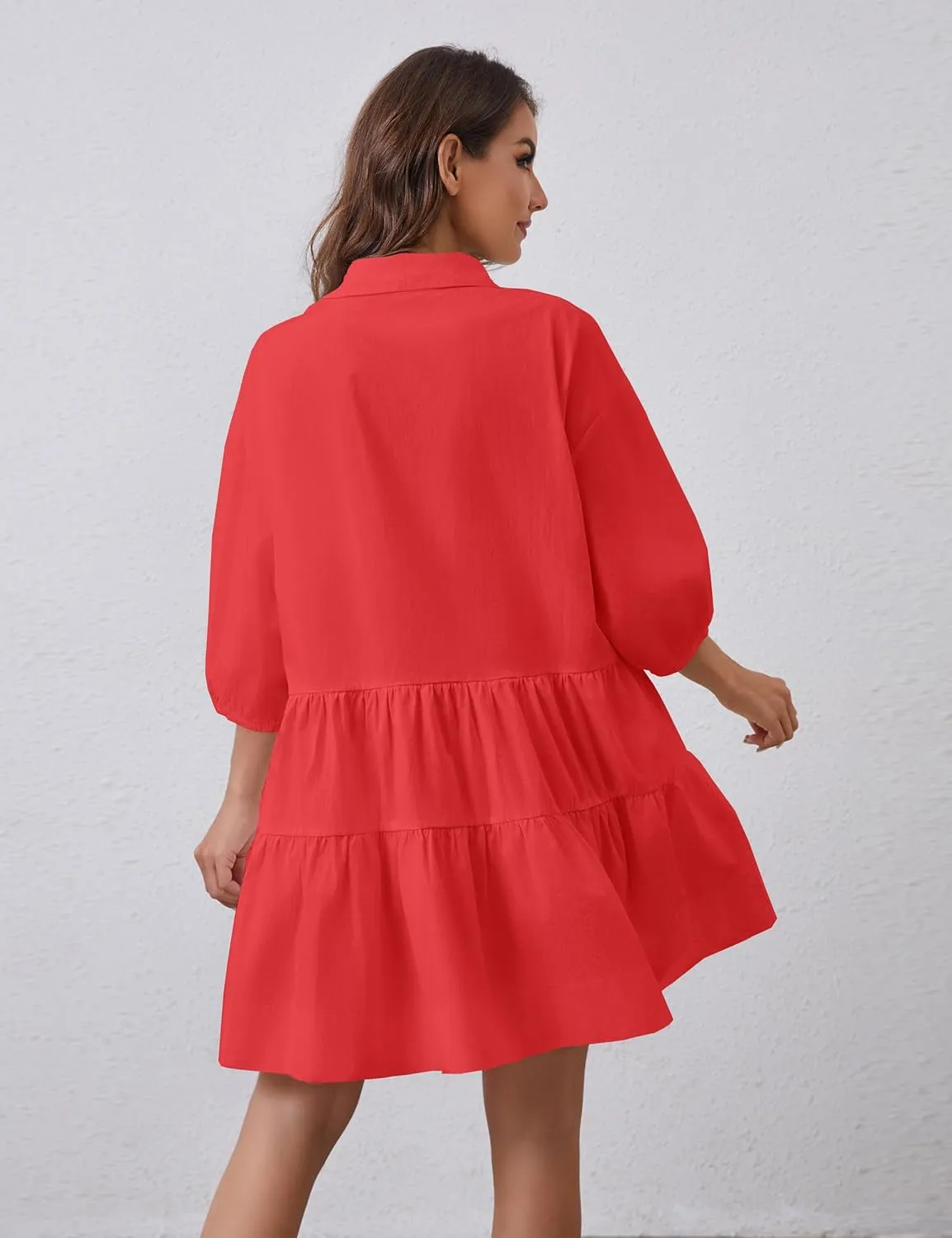 Women's Cute Summer Babydoll Shirt Mini Dress Puff Sleeve Flowy Tunic Shirt Dress Button Down Loose Short Dresses