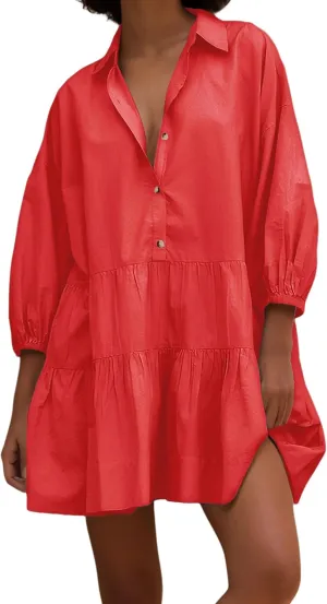 Women's Cute Summer Babydoll Shirt Mini Dress Puff Sleeve Flowy Tunic Shirt Dress Button Down Loose Short Dresses