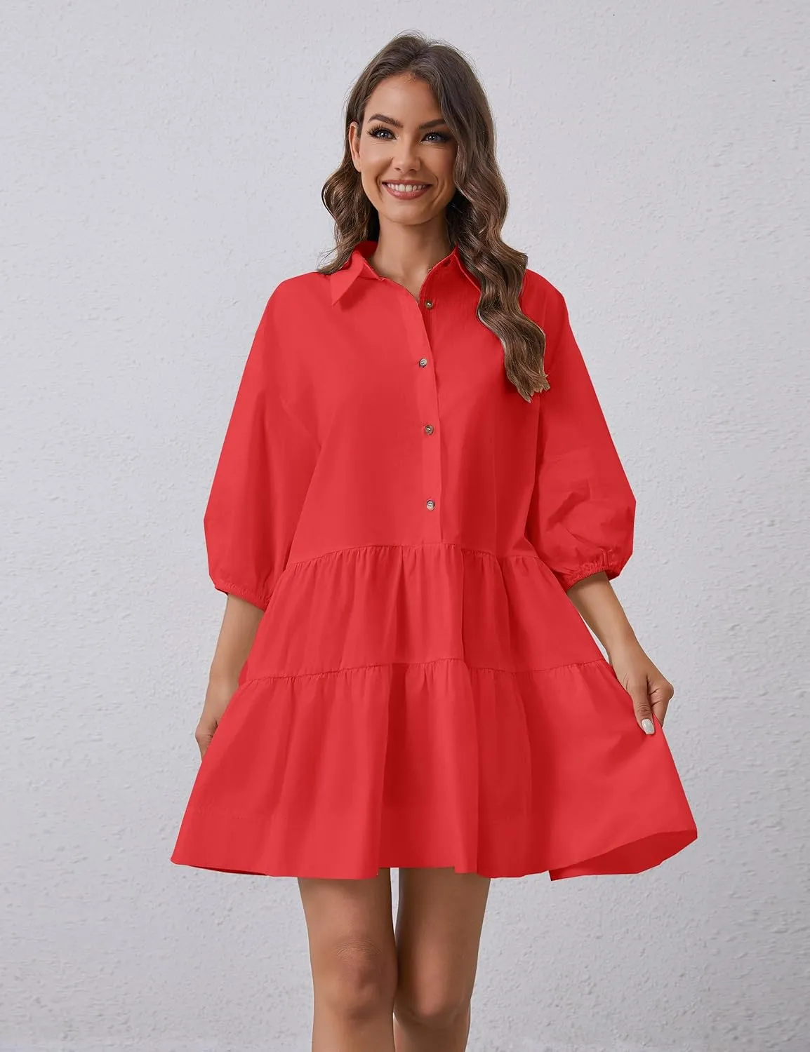 Women's Cute Summer Babydoll Shirt Mini Dress Puff Sleeve Flowy Tunic Shirt Dress Button Down Loose Short Dresses