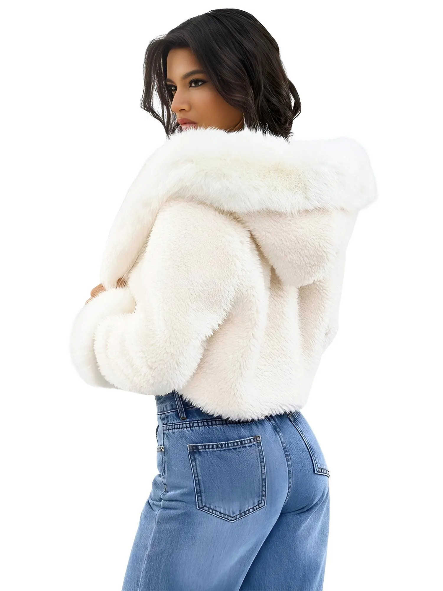 Women's Hooded Furry Crop Faux Fur Coat White Winter Jackets For Women New in Outerwear Short Plush Jacket Fluffy Clothing