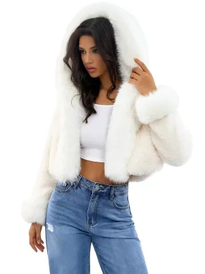 Women's Hooded Furry Crop Faux Fur Coat White Winter Jackets For Women New in Outerwear Short Plush Jacket Fluffy Clothing