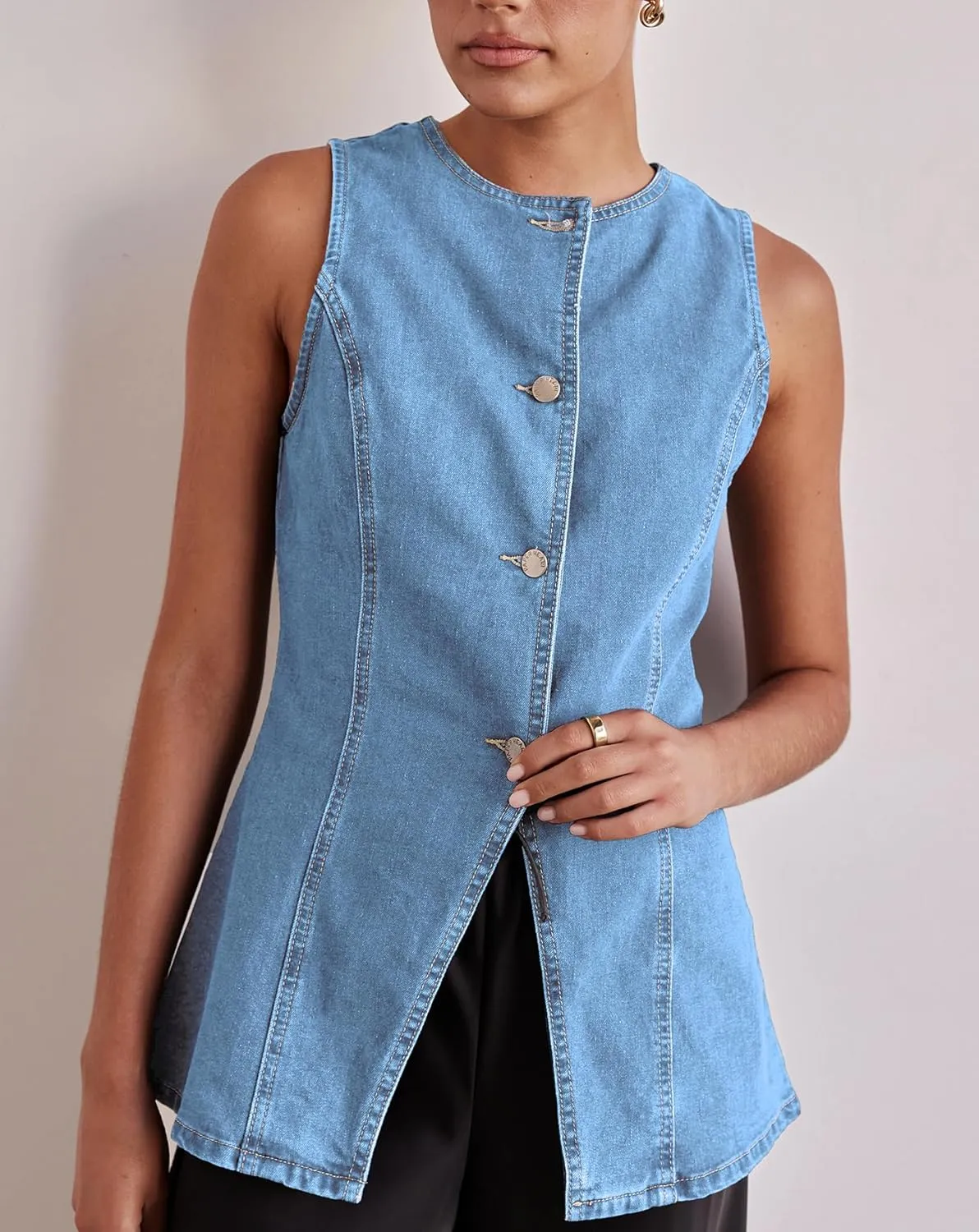 Womens Long Denim Vest Waistcoat Vest Sleeveless Button-Up Back Slit Jean Jacket Vest Y2k Clothes