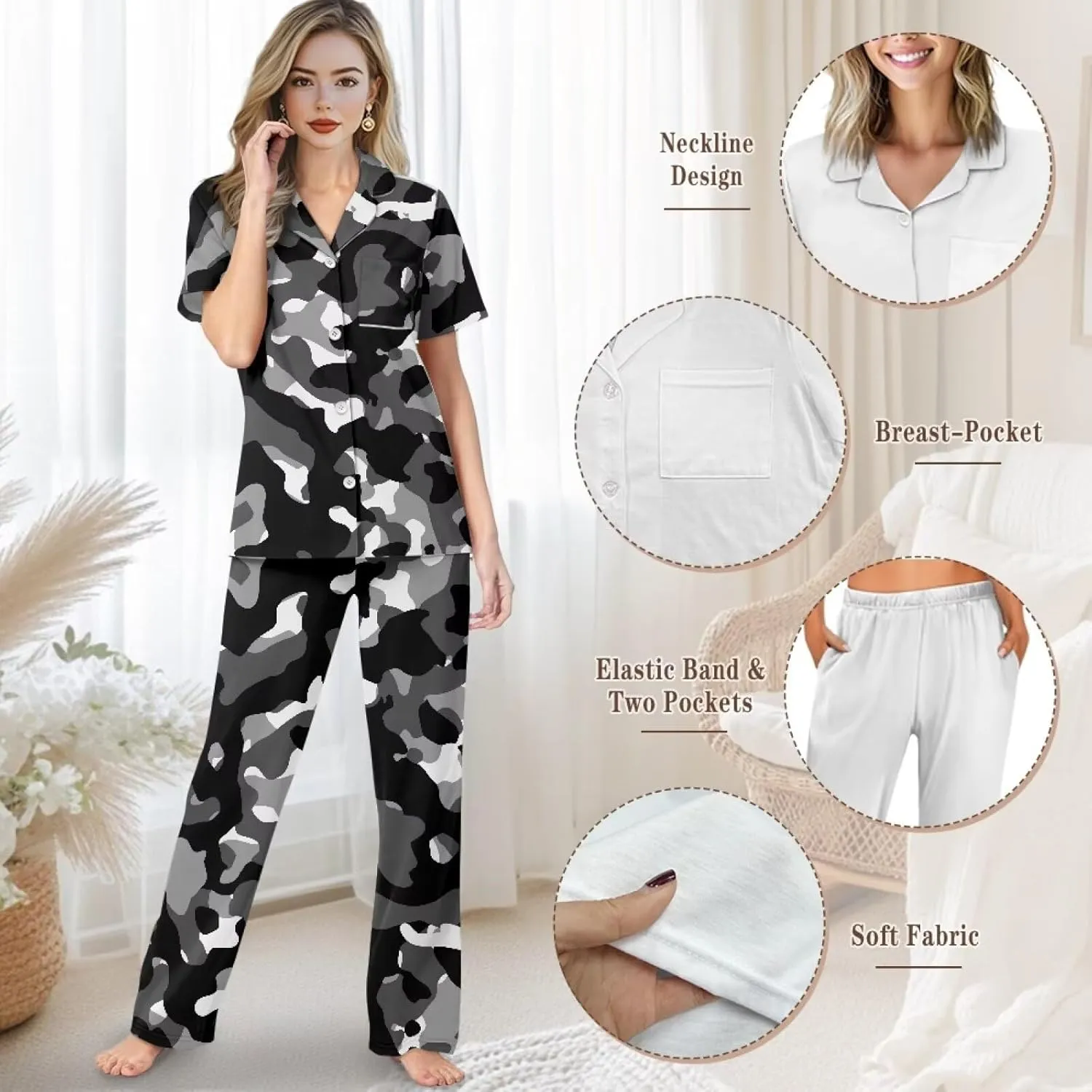Women's Pajama Sets Short Sleeve Sleepwear with Long Pants Soft Button Down Loungewear with Pockets Nightwear Set