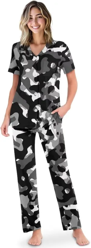 Women's Pajama Sets Short Sleeve Sleepwear with Long Pants Soft Button Down Loungewear with Pockets Nightwear Set