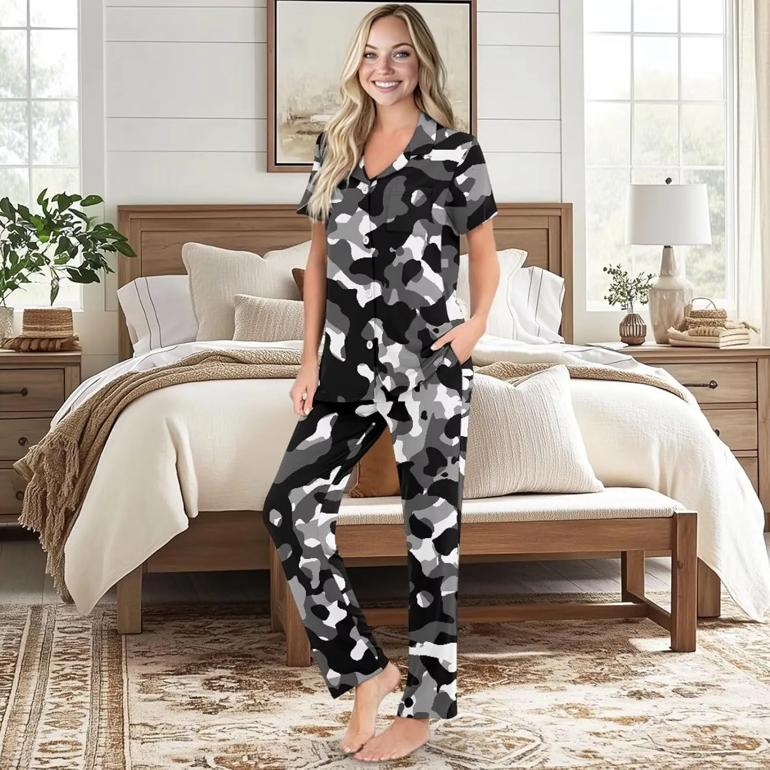 Women's Pajama Sets Short Sleeve Sleepwear with Long Pants Soft Button Down Loungewear with Pockets Nightwear Set