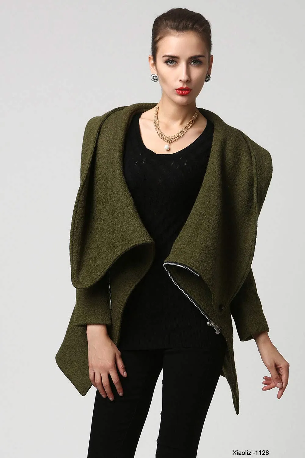 Womens Short Green Wool Coat with Oversized Hood  1128#