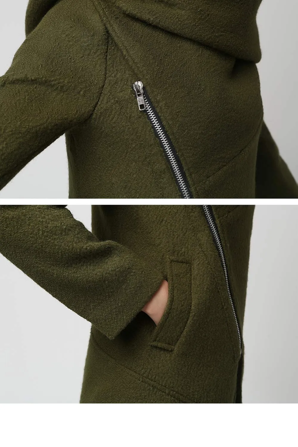 Womens Short Green Wool Coat with Oversized Hood  1128#