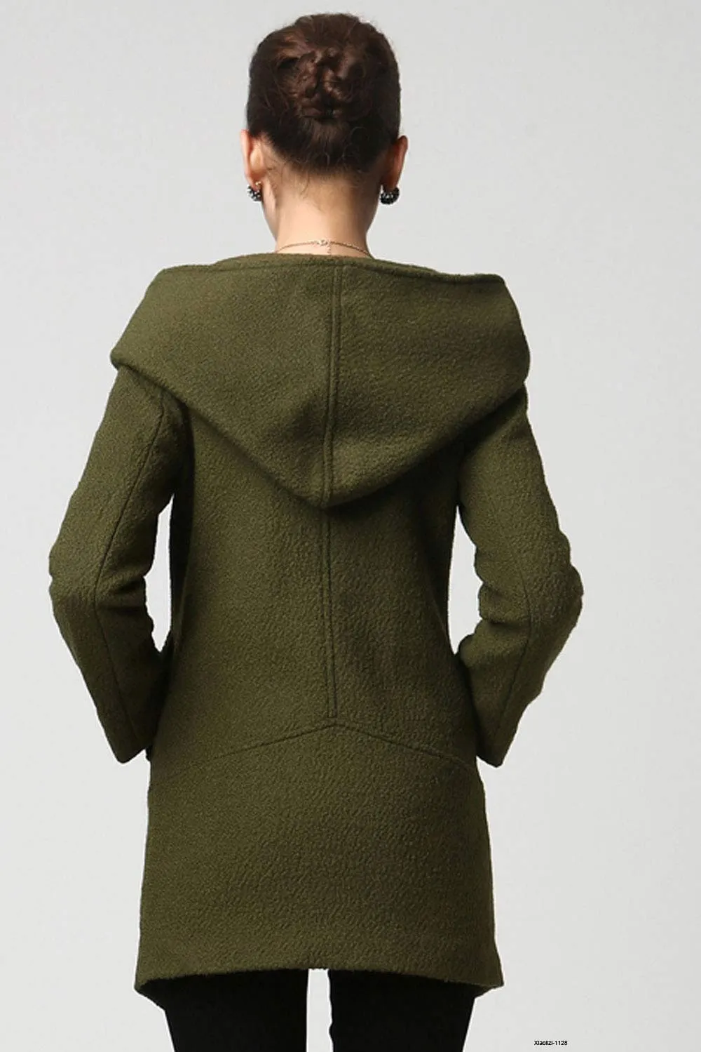Womens Short Green Wool Coat with Oversized Hood  1128#