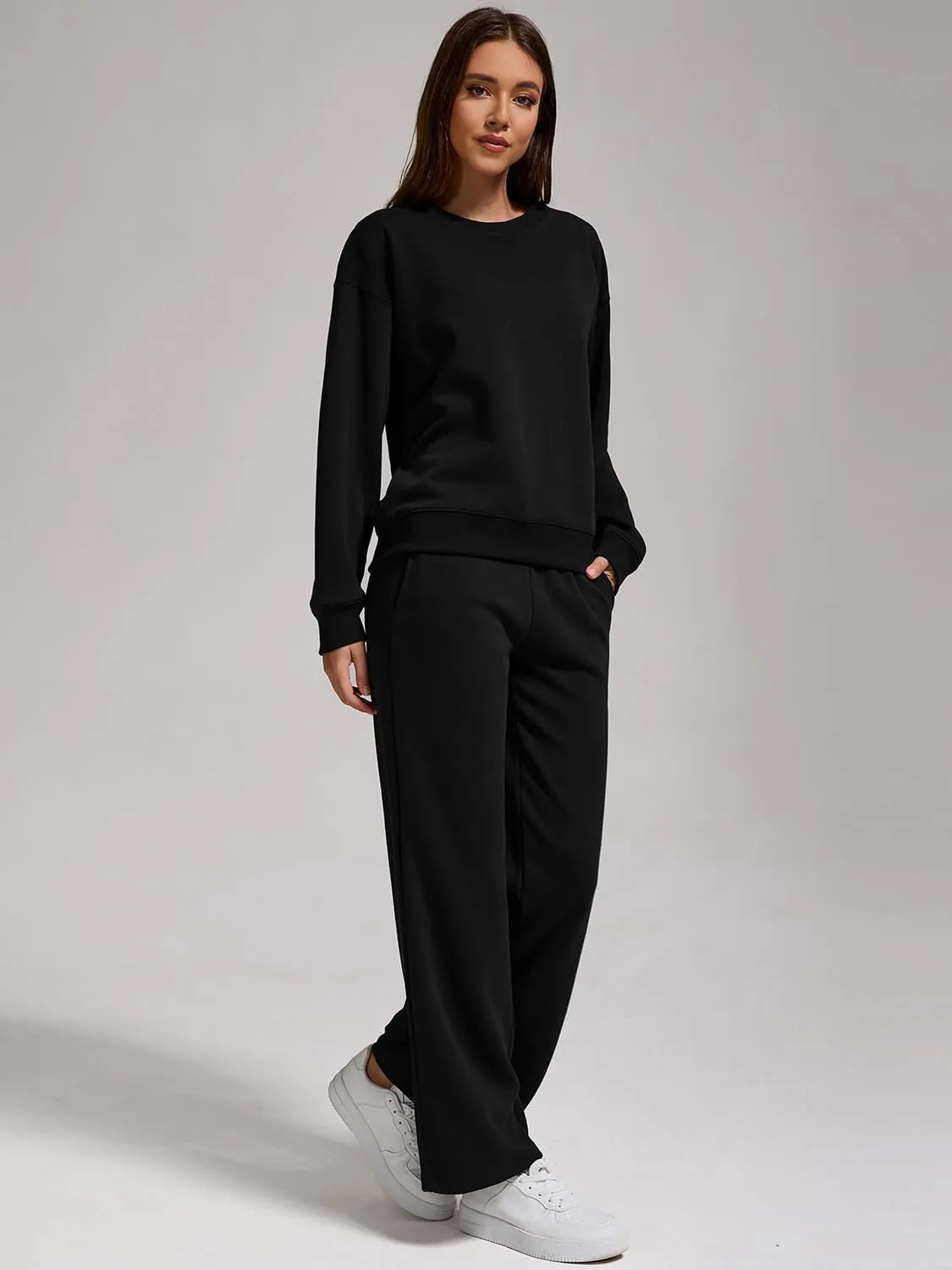 ZFLM Casual Workout Two Piece Outfits Long Sleeve Top Pullover High Waist Drawstring Jogger Pants Tracksuit Sets Streetwear