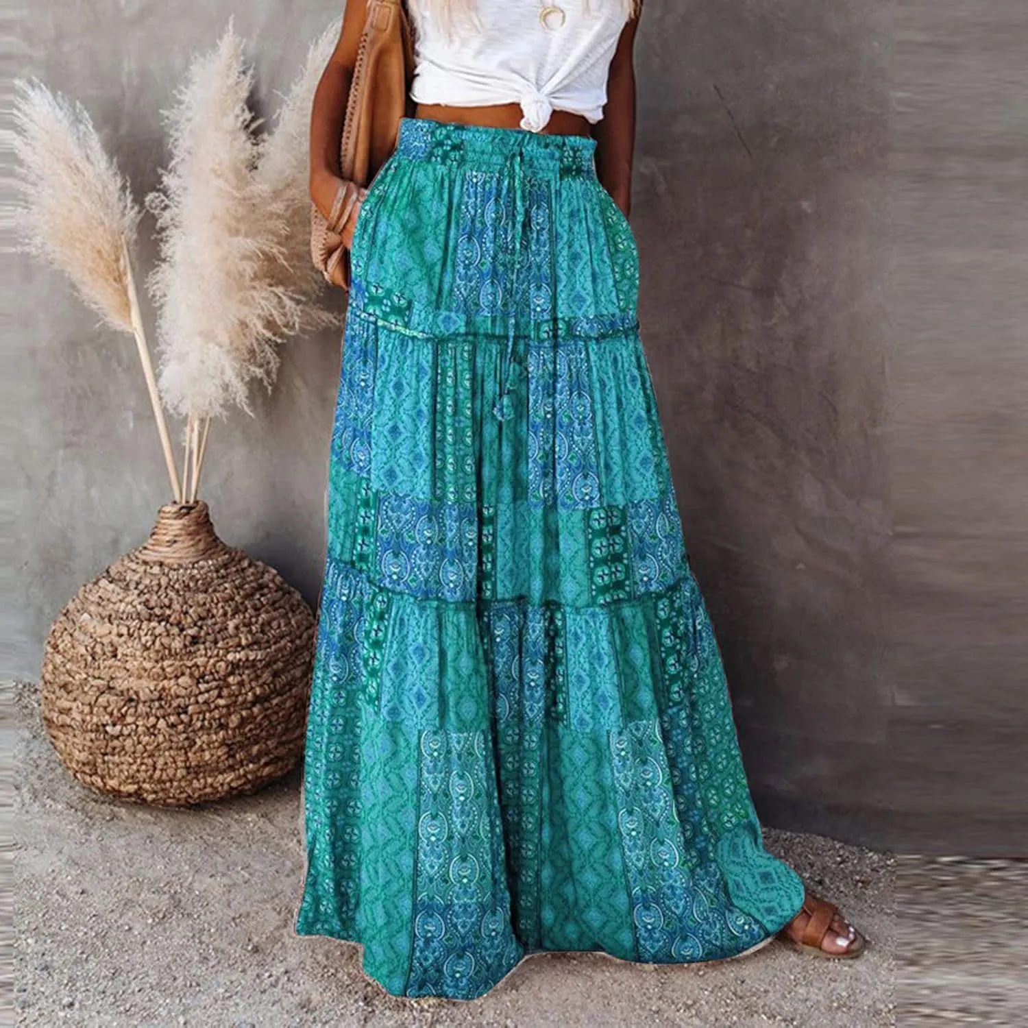 ZYXTIM Womens Flowy Boho Maxi Skirt Tiered Elastic High Waist Pleated Long Skirts Summer Hawaiian Resort Wear for Lady